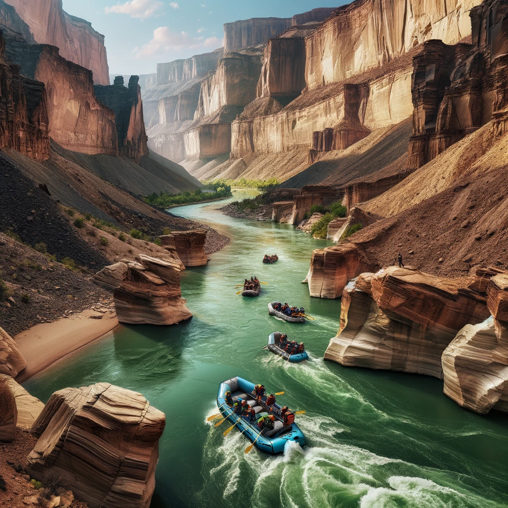 A tranquil rafting tour through Desolation Canyon on the Green River. A raft with paddlers in blue life vests calmly floats on the smooth green waters, flanked by the large, sculpted, beige canyon walls. The river takes a gentle bend, leading the eye through the peaceful, sunlit canyon landscape.