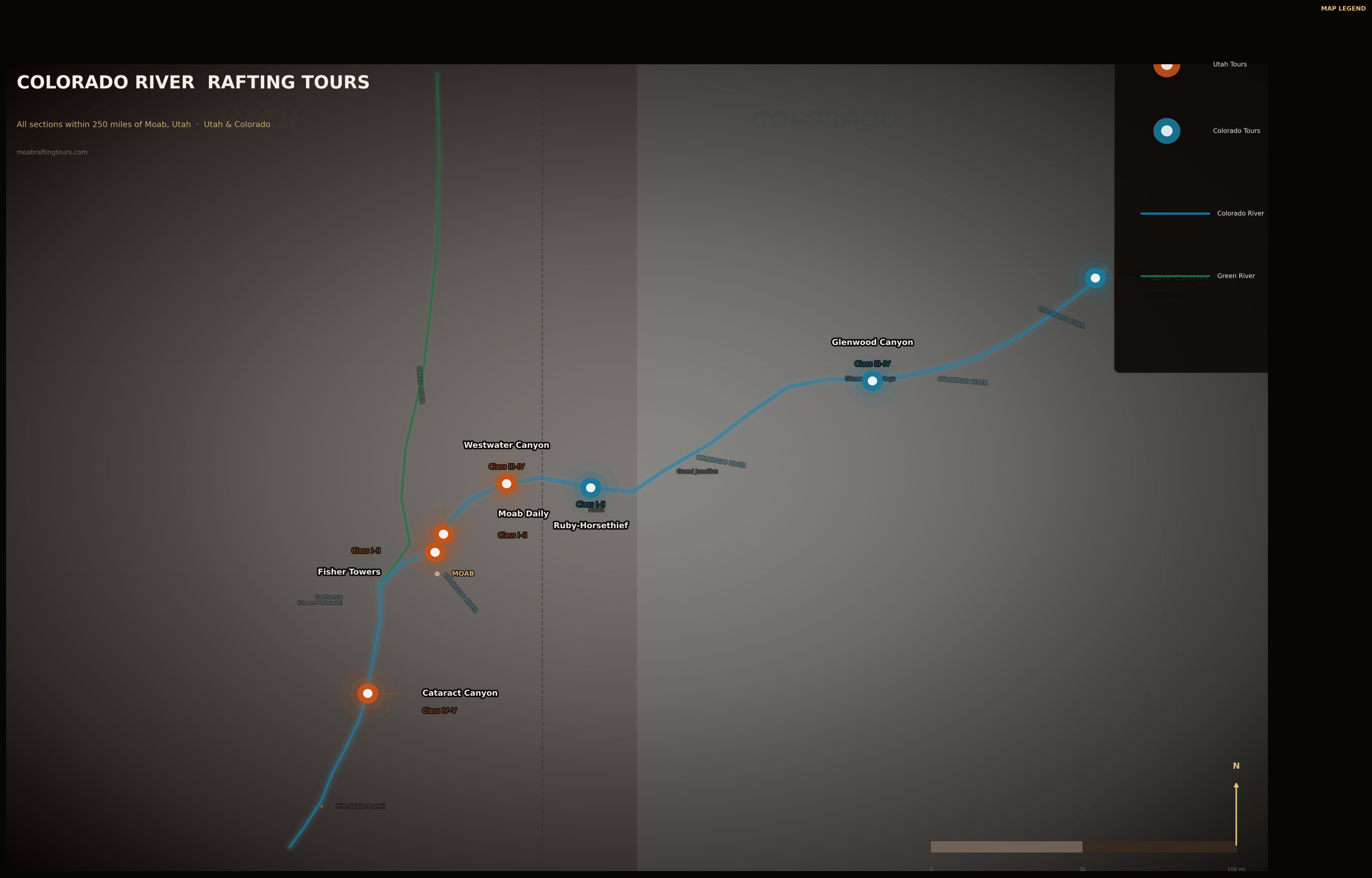 Map of Colorado River rafting tours within 250 miles of Moab, Utah, highlighting Westwater Canyon, Moab Daily, Ruby-Horsethief, Glenwood Canyon, and Cataract Canyon with river sections and difficulty classifications.